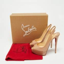 Christian Louboutin Beige Patent Leather Lady Peep Slingback Platform Sandals Size 40