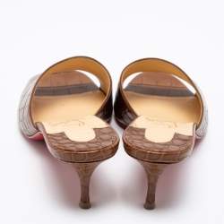Christian Louboutin Brown Croc Embossed Leather East Open Toe Slide Sandals Size 38.5