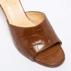 Christian Louboutin Brown Croc Embossed Leather East Open Toe Slide Sandals Size 38.5