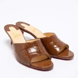 Christian Louboutin Brown Croc Embossed Leather East Open Toe Slide Sandals Size 38.5