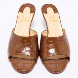 Christian Louboutin Brown Croc Embossed Leather East Open Toe Slide Sandals Size 38.5