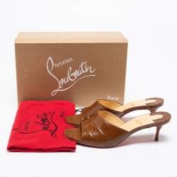 Christian Louboutin Brown Croc Embossed Leather East Open Toe Slide Sandals Size 38.5
