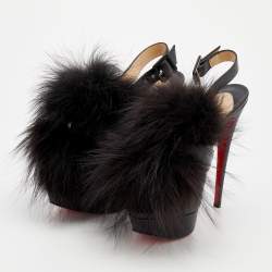 Pre Owned Christian Louboutin Black Leather And Splash Fur Peep Toe Platform Sandals Size 39