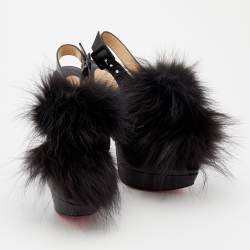 Pre Owned Christian Louboutin Black Leather And Splash Fur Peep Toe Platform Sandals Size 39