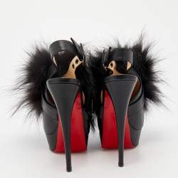Pre Owned Christian Louboutin Black Leather And Splash Fur Peep Toe Platform Sandals Size 39