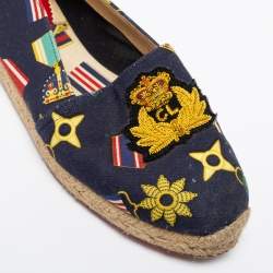 Christian Louboutin Navy Blue Canvas Gala Embroidered Crest Espadrille Loafers Size 38