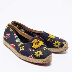 Christian Louboutin Navy Blue Canvas Gala Embroidered Crest Espadrille Loafers Size 38