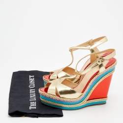 Pre Owned Christian Louboutin Metallic Gold Leather Trotolita Wedge Ankle Strap Sandals Size 40