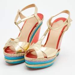Pre Owned Christian Louboutin Metallic Gold Leather Trotolita Wedge Ankle Strap Sandals Size 40
