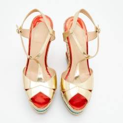 Pre Owned Christian Louboutin Metallic Gold Leather Trotolita Wedge Ankle Strap Sandals Size 40