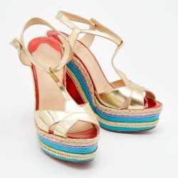 Pre Owned Christian Louboutin Metallic Gold Leather Trotolita Wedge Ankle Strap Sandals Size 40