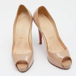 Pre Owned Christian Louboutin Beige Patent Leather New Prive Peep Toe Pumps Size 37
