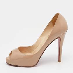 Pre Owned Christian Louboutin Beige Patent Leather New Prive Peep Toe Pumps Size 37