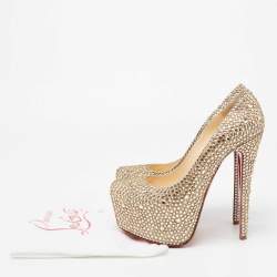 Christian Louboutin Metallic Gold Crystal Embellished Leather Daffodile Platform Pumps Size 38.5