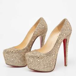 Christian Louboutin Metallic Gold Crystal Embellished Leather Daffodile Platform Pumps Size 38.5