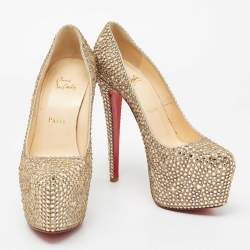 Christian Louboutin Metallic Gold Crystal Embellished Leather Daffodile Platform Pumps Size 38.5