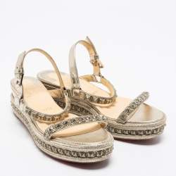 Pre Owned Christian Louboutin Gold Leather Pyraclou Studded Platform Sandals Size 39