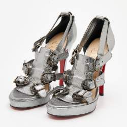 Pre Owned Christian Louboutin Metallic Silver Leather Buckle Sandals Size 35.5
