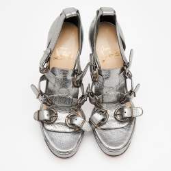 Pre Owned Christian Louboutin Metallic Silver Leather Buckle Sandals Size 35.5