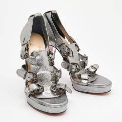 Pre Owned Christian Louboutin Metallic Silver Leather Buckle Sandals Size 35.5