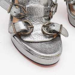Pre Owned Christian Louboutin Metallic Silver Leather Buckle Sandals Size 35.5