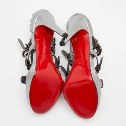 Pre Owned Christian Louboutin Metallic Silver Leather Buckle Sandals Size 35.5