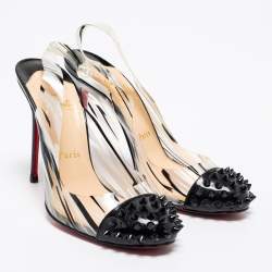 Pre Owned Christian Louboutin Black/White Patent Leather And PVC Epoca Sandals Size 37