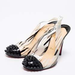 Pre Owned Christian Louboutin Black/White Patent Leather And PVC Epoca Sandals Size 37