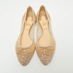 Pre Owned Christian Louboutin Beige Mesh And Leather Strass Patio Ballet Flats Size 36