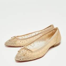 Pre Owned Christian Louboutin Beige Mesh And Leather Strass Patio Ballet Flats Size 36