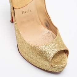 Pre Owned Christian Louboutin Gold Glitter Lady Peep-Toe Platform Pumps Size 39 