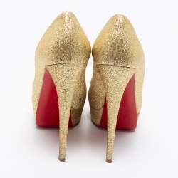 Pre Owned Christian Louboutin Gold Glitter Lady Peep-Toe Platform Pumps Size 39 