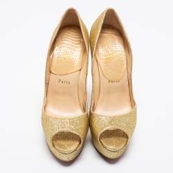 Pre Owned Christian Louboutin Gold Glitter Lady Peep-Toe Platform Pumps Size 39 
