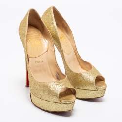 Pre Owned Christian Louboutin Gold Glitter Lady Peep-Toe Platform Pumps Size 39 