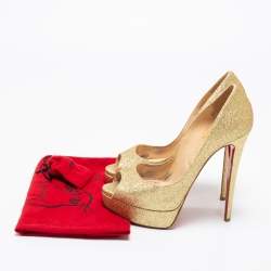 Pre Owned Christian Louboutin Gold Glitter Lady Peep-Toe Platform Pumps Size 39 