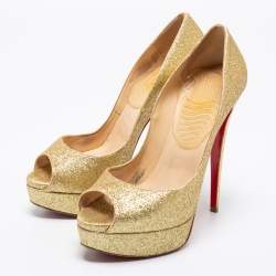 Pre Owned Christian Louboutin Gold Glitter Lady Peep-Toe Platform Pumps Size 39 