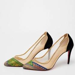 مملوكة مسبقًا Christian Louboutin Multicolor/Black Brocade Fabric, Velvet and Mesh Pumps Size 36.5