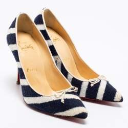 Pre Owned Christian Louboutin Navy Blue/White Striped Terry Fabric Decollete Spa Pumps Size 35