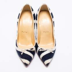Pre Owned Christian Louboutin Navy Blue/White Striped Terry Fabric Decollete Spa Pumps Size 35
