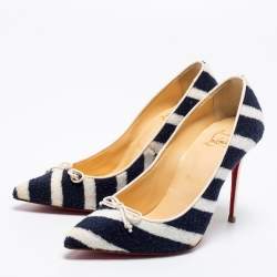 Pre Owned Christian Louboutin Navy Blue/White Striped Terry Fabric Decollete Spa Pumps Size 35
