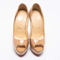 Pre Owned Christian Louboutin Beige Patent Leather Lady Peep Toe Platform Pumps Size 37