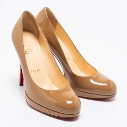 Pre Owned حذاء كعب عالي كريستيان لوبوتان نيو سيمبل جلد بيج لامع نعل سميك مقاس 36