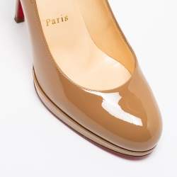 Pre Owned حذاء كعب عالي كريستيان لوبوتان نيو سيمبل جلد بيج لامع نعل سميك مقاس 36