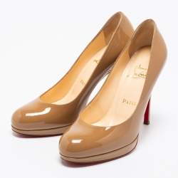 Pre Owned حذاء كعب عالي كريستيان لوبوتان نيو سيمبل جلد بيج لامع نعل سميك مقاس 36