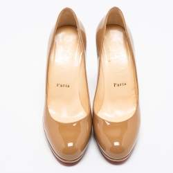 Pre Owned حذاء كعب عالي كريستيان لوبوتان نيو سيمبل جلد بيج لامع نعل سميك مقاس 36