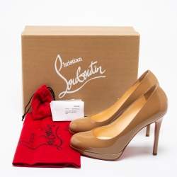 Pre Owned حذاء كعب عالي كريستيان لوبوتان نيو سيمبل جلد بيج لامع نعل سميك مقاس 36