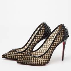 Pre Owned Christian Louboutin Black Net and Patent Leather Spikes Embellished Guni Pumps Size 41