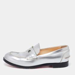 Pre Owned Christian Louboutin Silver Leather Penny Loafers Size 38.5