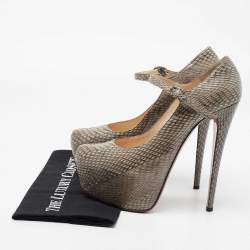 Pre Owned Christian Louboutin Grey Snakeskin Leather Lady Daf Mary Jane Pumps Size 41