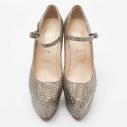 Pre Owned Christian Louboutin Grey Snakeskin Leather Lady Daf Mary Jane Pumps Size 41